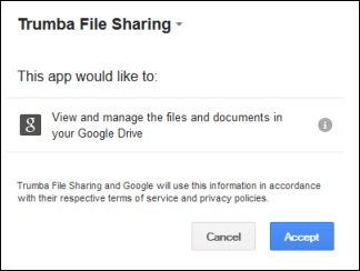 Совет При первом входе в свою учетную запись Google Диска из Trumba вас попросят дать Trumba разрешение на управление файлами в вашей учетной записи Google Диска
